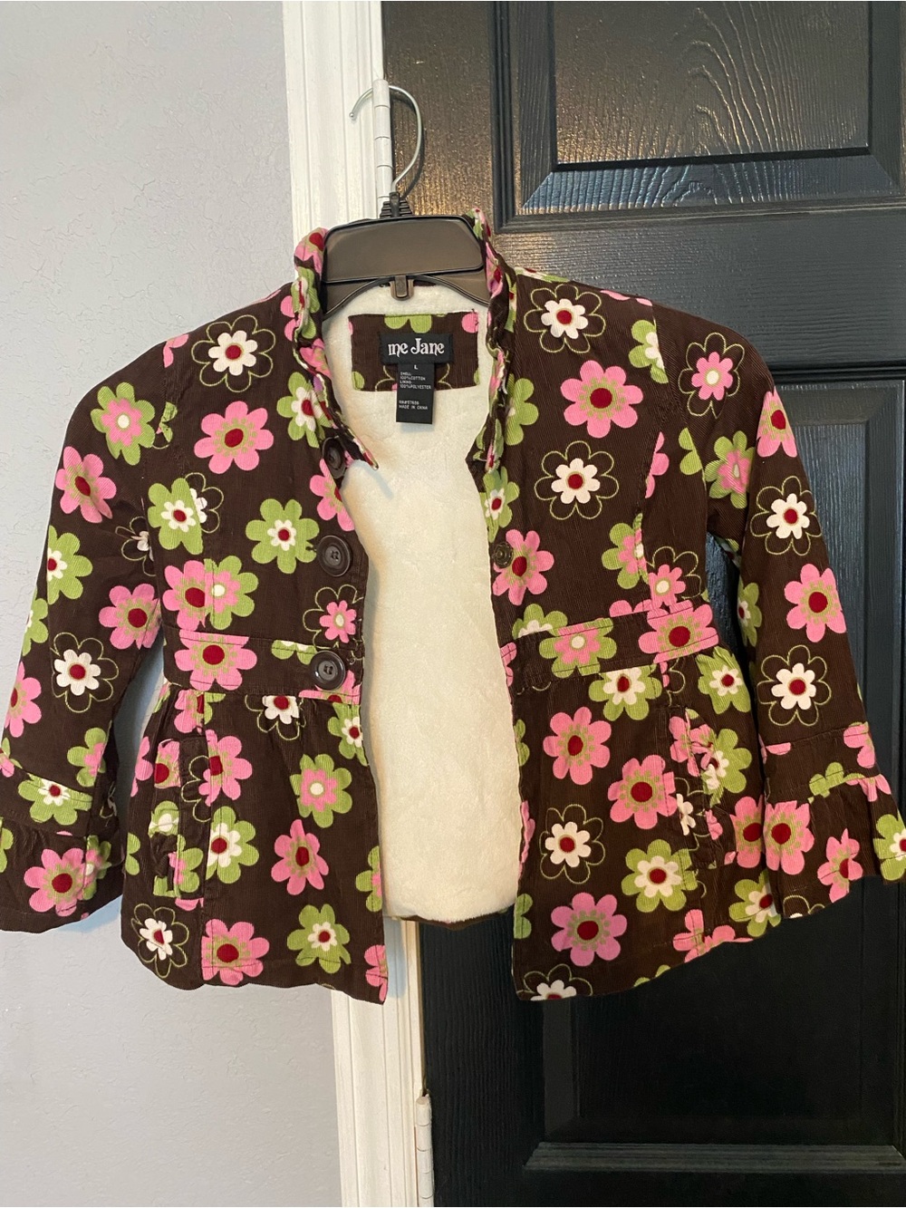 Me Jane Brown Corduroy Girls' Floral Pea Coat with Pink & Green Flowers